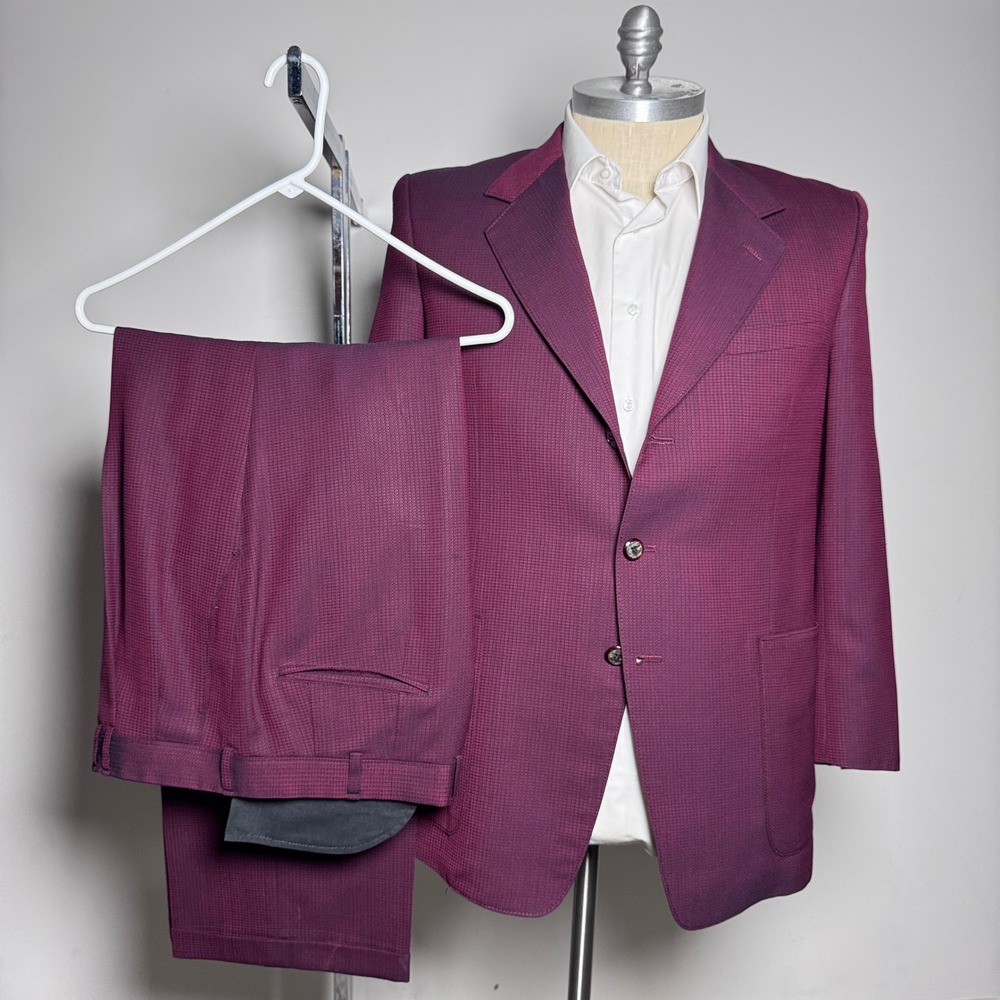 Custom Tailor Suit Mens 42R W34 Purple Birdseye Vintage 2 Button Flat Front